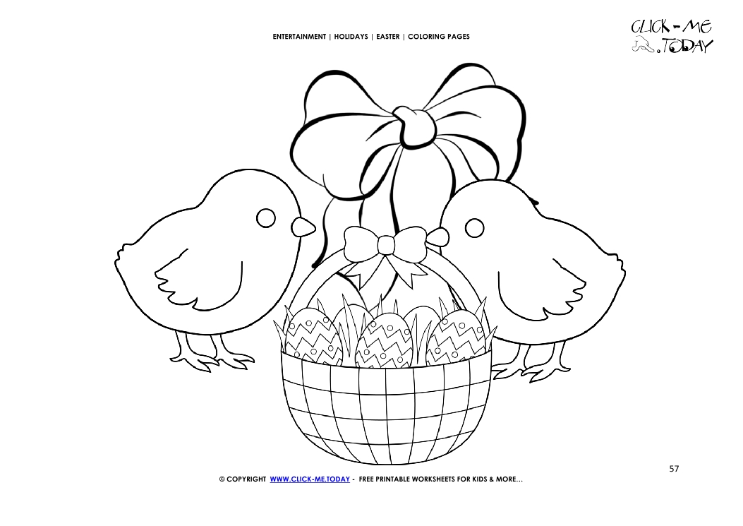 Easter Coloring Page: 57 Easter chicks with basket & bow